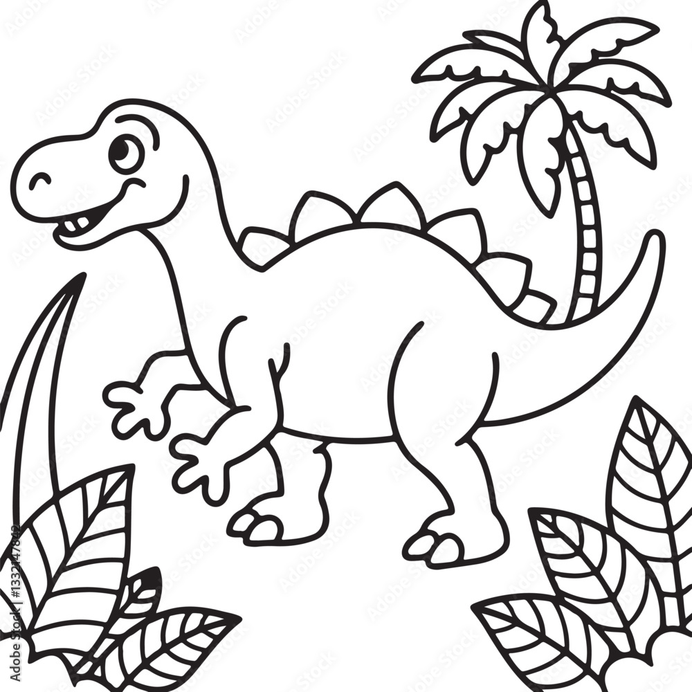 Fototapeta premium A coloring page featuring a dinosaur sprinting in a lush jungle, suitable for kids