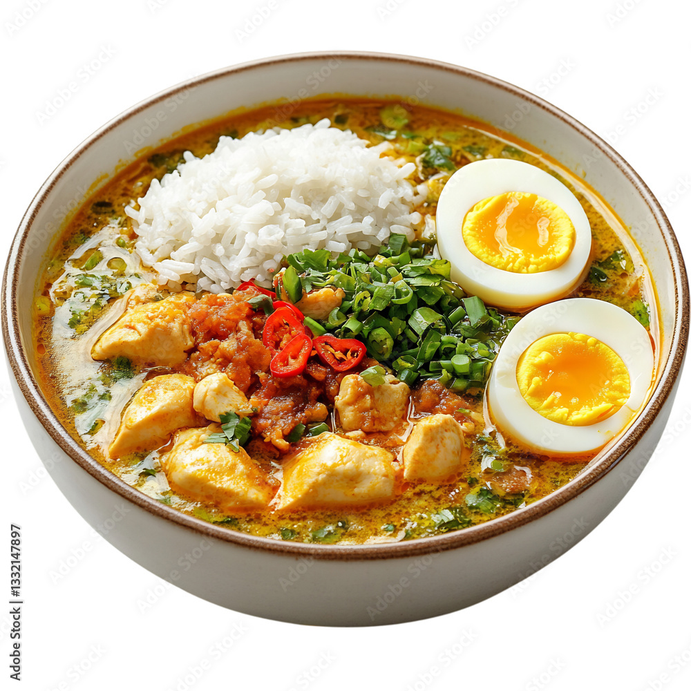A Bowl of Indonesian Soto Aromatic Chicken Soup with Rice Eggs and Vegetables Isolated on Transparent Background A Bowl of Indonesian Soto Aromatic Chicken Soup with Rice Eggs and Vegetables Isolated on Transparent Background