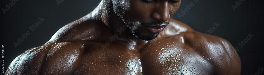 Fototapeta premium Hyper-realistic close-up of a muscular male torso, glistening with sweat, highlighting every muscle fiber and skin texture, fitness and anatomy concept