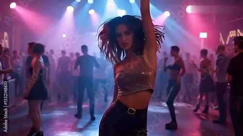 Woman Dancing in Sparkling Outfit Under Flashing Lights