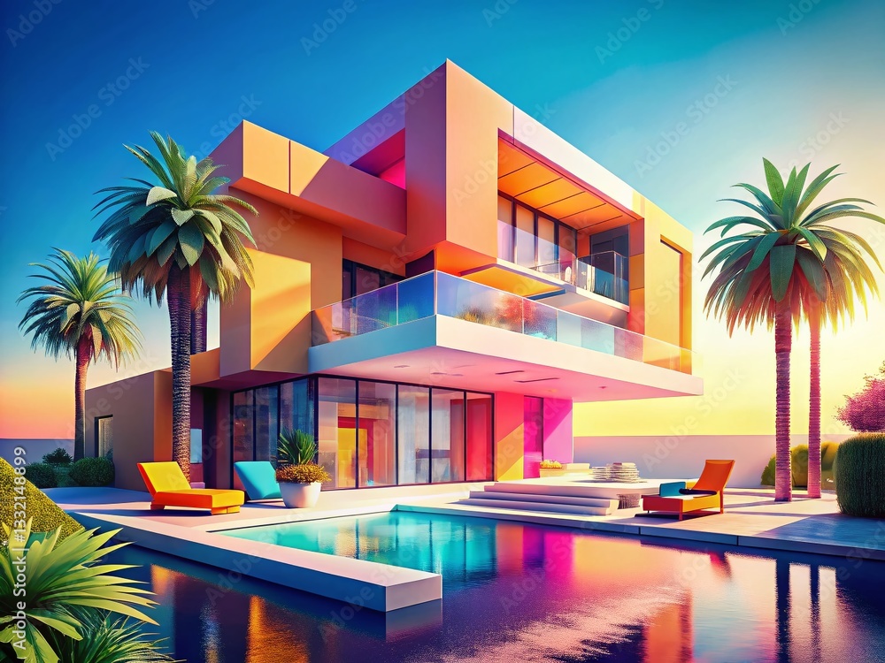 Fototapeta premium Sunny Summer Day Modern Architecture 3D Render Stock Photo