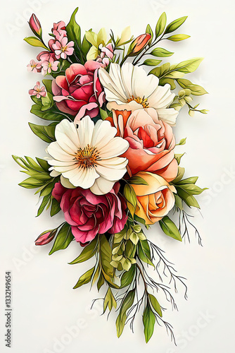 Fantasy floral watercolor featuring vintage botanical elements and enchanting fantasy flowers. Beautiful Floral Arrangement with Various Colorful Flowers