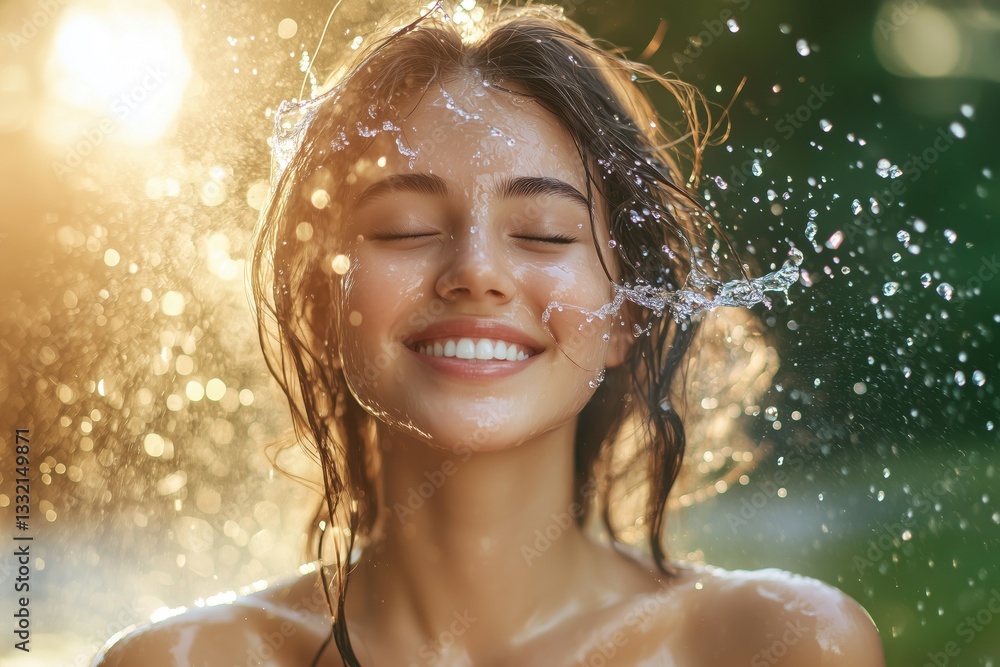Fototapeta premium Cheerful Woman Refreshing Her Face with Cool Water in a Sunlit Outdoor Scene