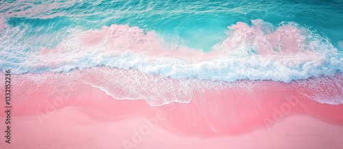 A breathtaking view from above of a beach with pink sand, encircled by brilliant blue waters and powerful white waves, ideal for a summer escape with plenty of room for travel and vacation ideas