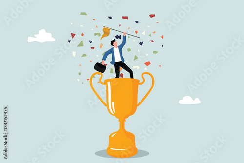 Victory or business achievement, triumph or award winning, accomplishment for leadership success, determination for career success concept, cheerful businessman winner raising flag on winning trophy.