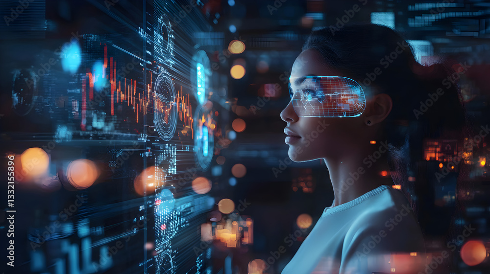 Exploring holographic finance tools digital world photo stock virtual space side view innovative technology Exploring holographic finance tools digital world photo stock virtual space side view innovative technology