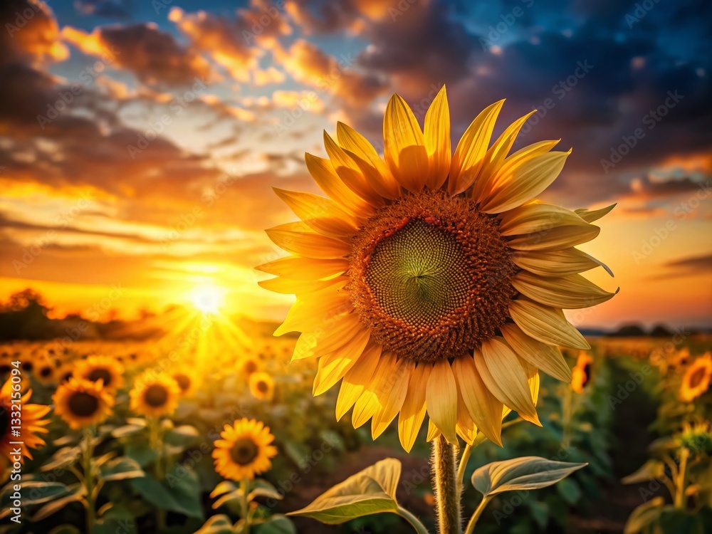 Obraz premium Sunset Sunflower Close-Up: Warm Golden Hour Aerial View of Detailed Petals