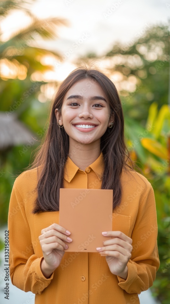Fototapeta premium Cheerful female influencer holding a piece of paper showcasing makeup packaging with excitement