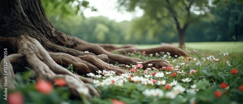 Burgeoning tree roots intermingle with a wildflower carpet, uniting strength and delicacy in a vibrant garden portrait saturated with sunlight.