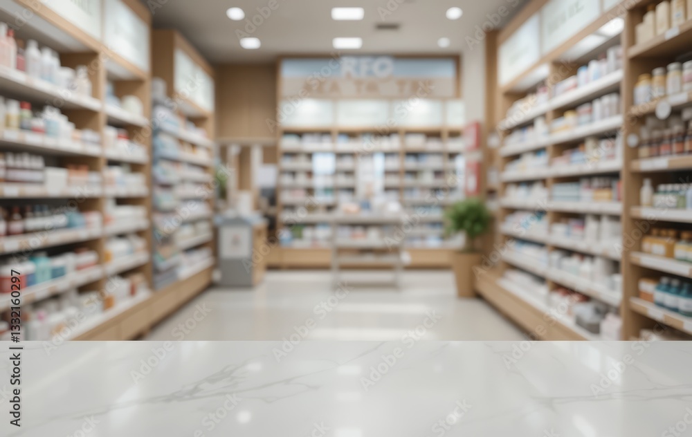minimalist empty white table in a blurred cosmetic or pharmacy store setting, ideal for product showcases, modern retail branding, or clinical ambiance visuals minimalist empty white table in a blurred cosmetic or pharmacy store setting, ideal for product showcases, modern retail branding, or clinical ambiance visuals
