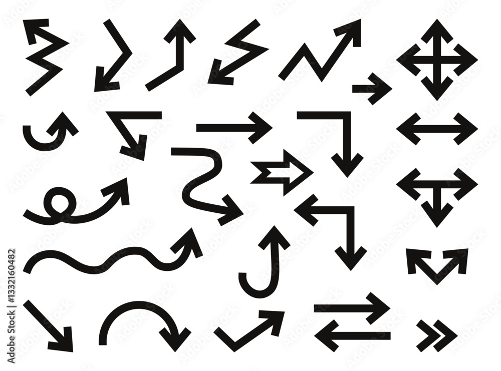 Simple Linear Black Directional Arrows. Sign Directions Curved Backward curved, zigzag Set. Isolated Vector Hand Drawn. Concept pointer symbols for design, creative projects, infographic Simple Linear Black Directional Arrows. Sign Directions Curved Backward curved, zigzag Set. Isolated Vector Hand Drawn. Concept pointer symbols for design, creative projects, infographic