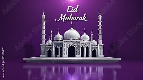 A Majestic Mosque, A Symbol Of Peace And Faith, Celebrates Eid Mubarak Against A Rich Purple Backdrop With Elegant, Reflective Surfaces