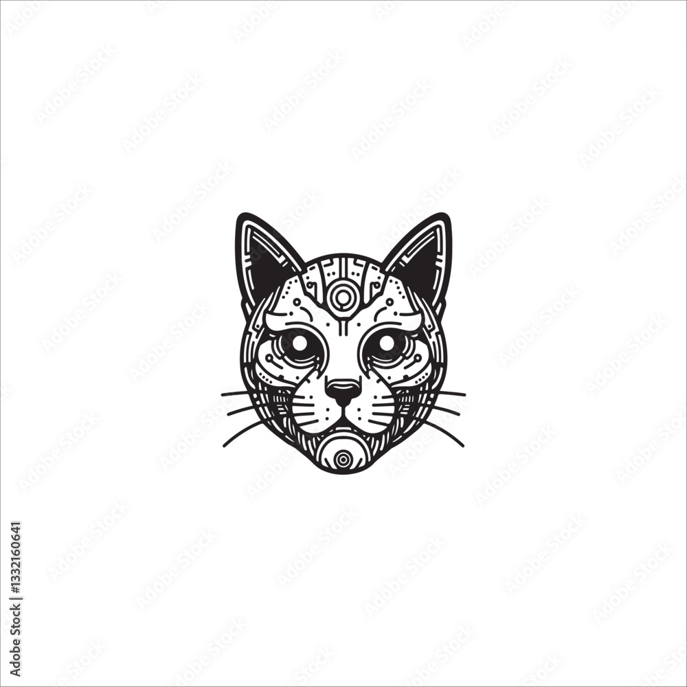 Fototapeta premium Cyberpunk cat head drawing artwork handmade illustration