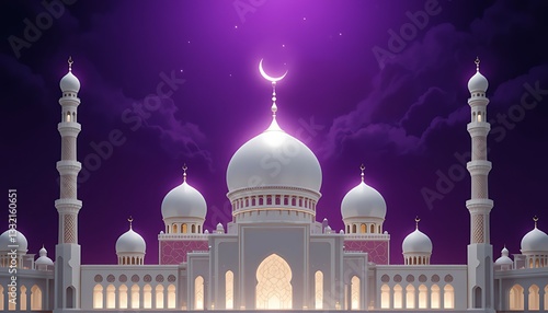 A Majestic Mosque Under A Crescent Moon, Bathed In The Soft Glow Of A Twilight Sky, A Serene And Peaceful Night Of Prayer And Reflection