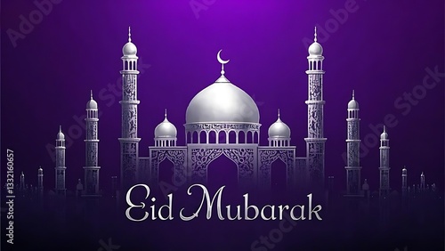 A Majestic Silver Mosque Silhouetted Against A Rich Purple Sky, Celebrating Eid Mubarak With Elegant Calligraphy And Intricate Detailing