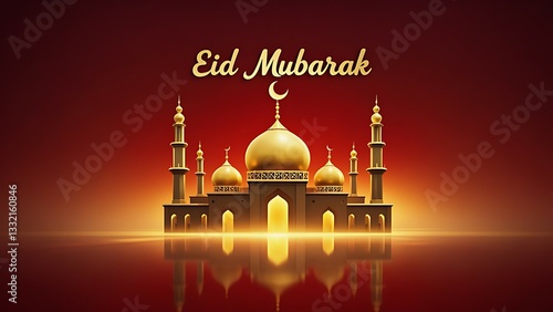 A Radiant Golden Mosque At Sunset Celebrates Eid Mubarak, A Symbol Of Peace And Faith Reflected In Calm Waters With A Rich Red Backdrop