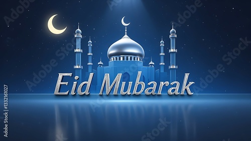 A Serene Eid Mubarak Celebration Under A Crescent Moon, Featuring A Majestic Mosque At Night With A Reflective Surface And Sparkling Background