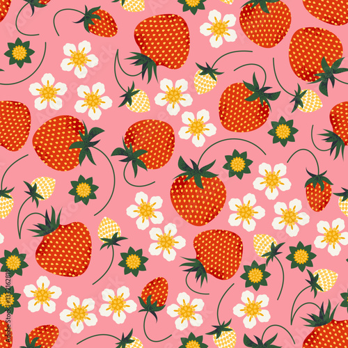 Seamless strawberry and floral pattern. Berries and flowers on the pink background. Vector illustration