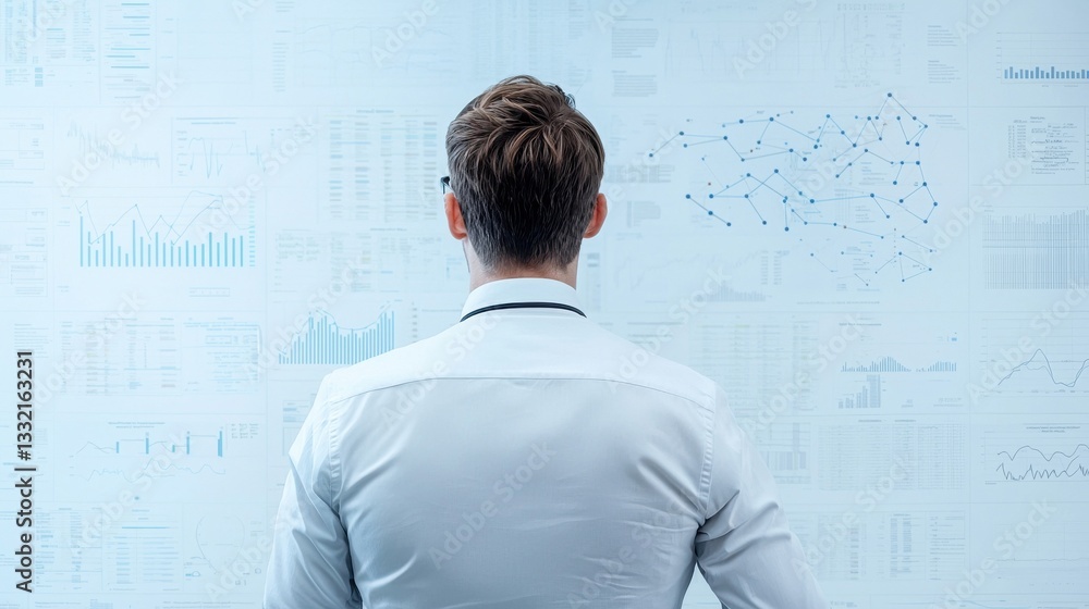 Professional Man Analyzing Data and Charts on a Wall in Office Space Professional Man Analyzing Data and Charts on a Wall in Office Space