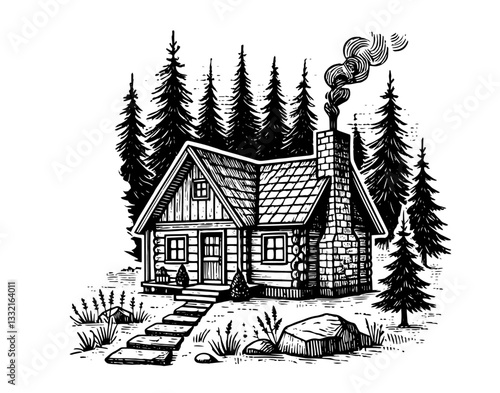 cozy log cabin in forest vector black shape silhouette
