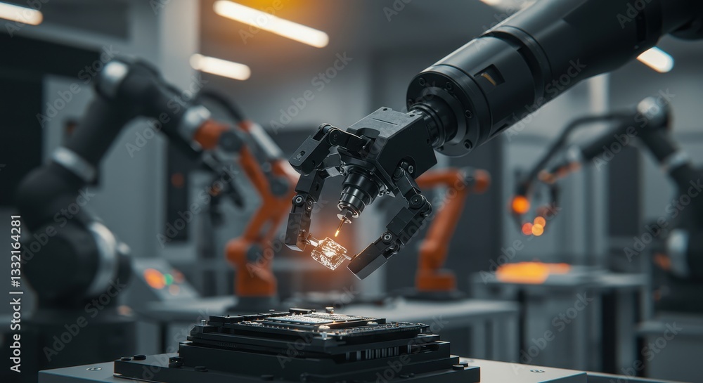 Robotic arms efficiently work together to assemble delicate electronic parts in a factory Robotic arms efficiently work together to assemble delicate electronic parts in a factory