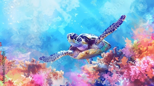 Colorful underwater scene with sea turtle among coral reefs in watercolor design