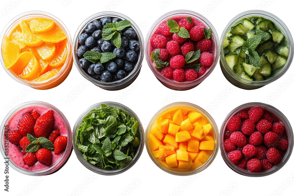 A vibrant arrangement of fresh fruits in jars, including oranges, blueberries, raspberries, cucumbers, strawberries, mangoes, and mint leaves. A vibrant arrangement of fresh fruits in jars, including oranges, blueberries, raspberries, cucumbers, strawberries, mangoes, and mint leaves.