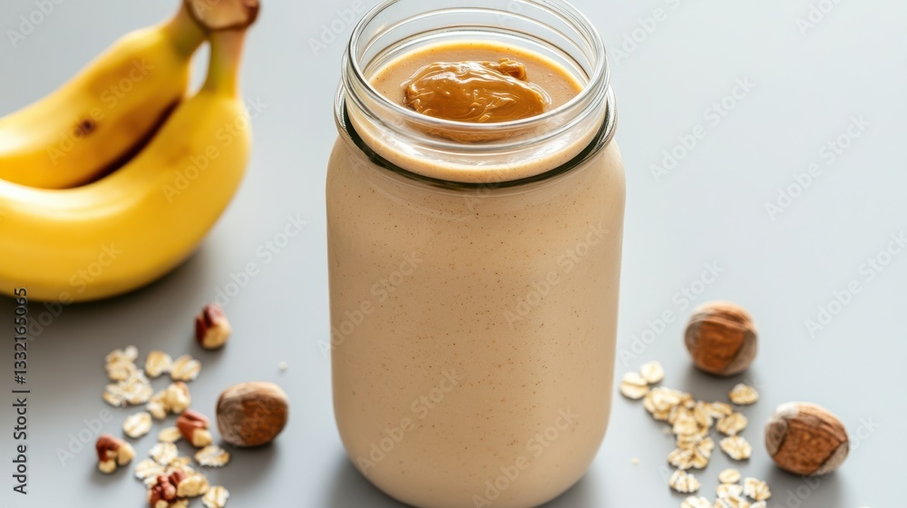 Healthy Banana and Peanut Smoothie in Glass Jar with Creamy Texture Healthy Banana and Peanut Smoothie in Glass Jar with Creamy Texture