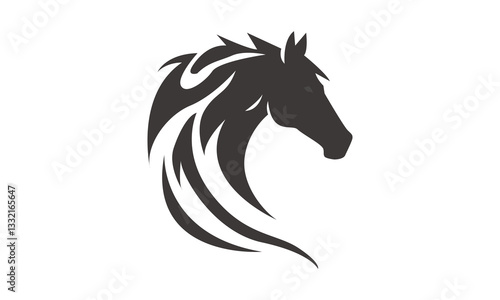 Horse logo template. Black and white silhouette of a horse head with a graceful mane. Elegant minimalist logo for branding, design and printing