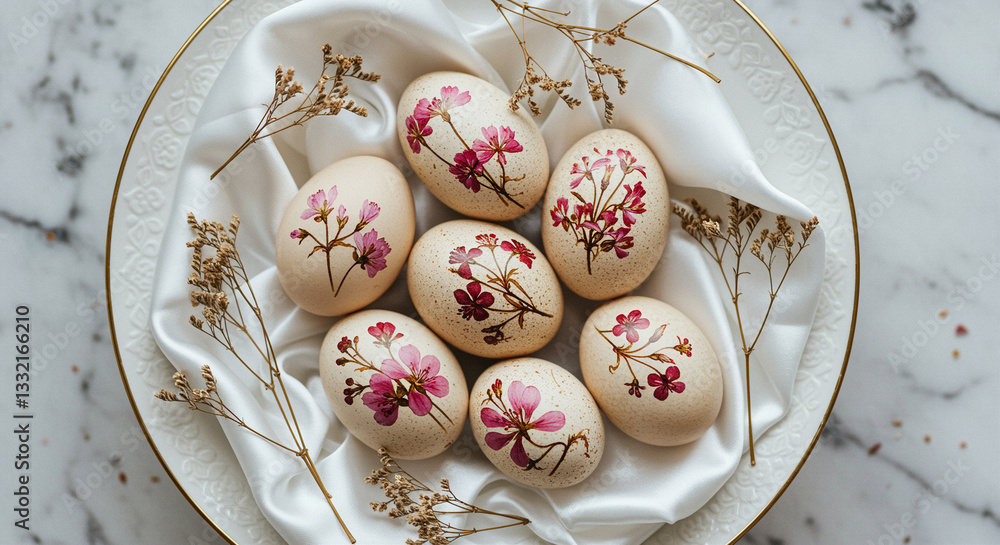 Decorated Easter eggs with floral design on white satin fabric in a bowl showcase spring holiday decorations and artistic egg decoration Decorated Easter eggs with floral design on white satin fabric in a bowl showcase spring holiday decorations and artistic egg decoration
