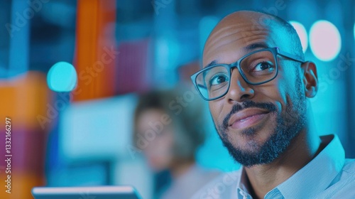 Professional Man with Glasses Smiling in Modern Office Setting