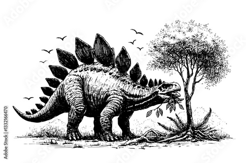 stegosaurus eating leaves near tree black paleo sketch