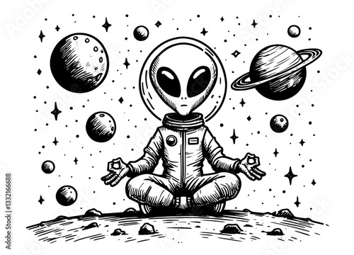 alien meditating in space suit among planets black sci-fi sketch