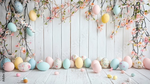 A photo backdrop for Easter photography with painted eggs and pastel colors on the wall, with Easter decorations like branches with flowers 