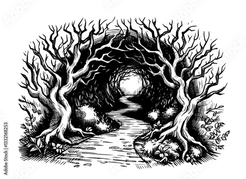 mystical forest path with twisted trees black sketch illustration