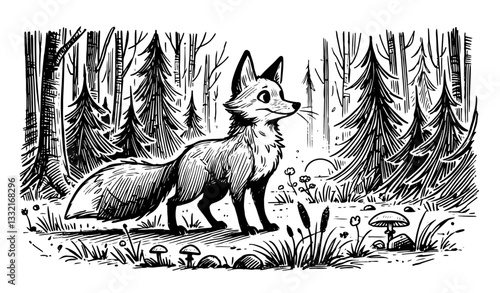 curious fox in forest clearing black hand-drawn illustration