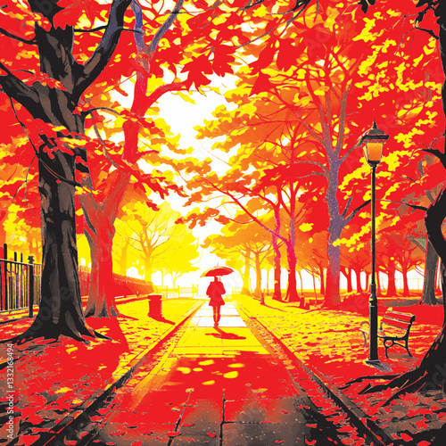 In autumn, the park is filled with yellow and red leaves. A girl with an umbrella walks along a path, surrounded by tall trees.