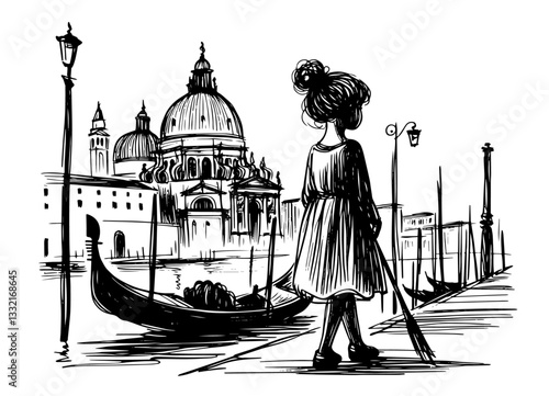 little girl in venice near gondola black ink sketch