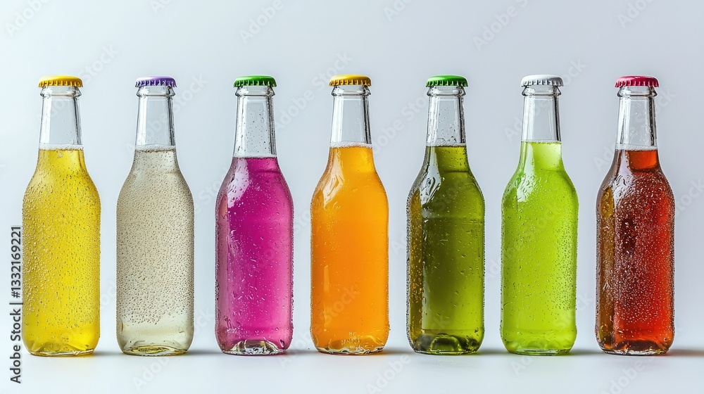A different flavors of cold drinks in glass bottles, arranged neatly A different flavors of cold drinks in glass bottles, arranged neatly