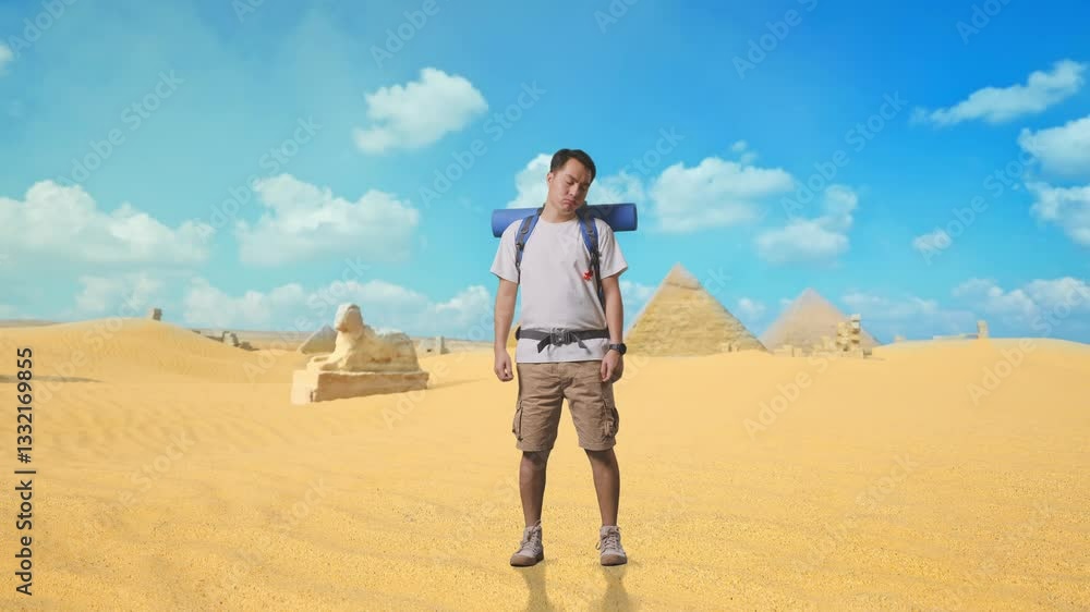 Full Body Of Asian Male Hiker With Mountaineering Backpack Having A Headache While Traveling In Pyramid Of Giza Full Body Of Asian Male Hiker With Mountaineering Backpack Having A Headache While Traveling In Pyramid Of Giza