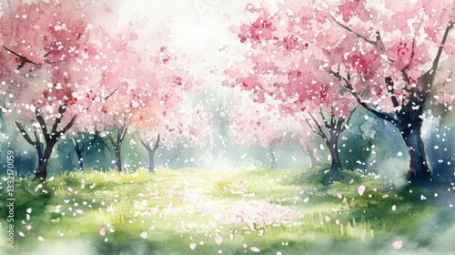 A magic scene of a blossoming orchard under a gentle spring rain, with delicate petals glistening as raindrops fall, creating a magical and tranquil atmosphere.