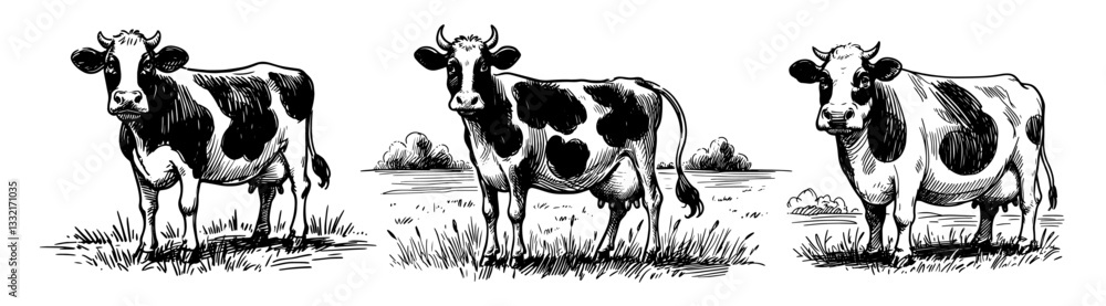 Fototapeta premium three dairy cows on pasture black vector engraving