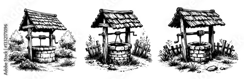 old wooden water well vector black shape silhouette