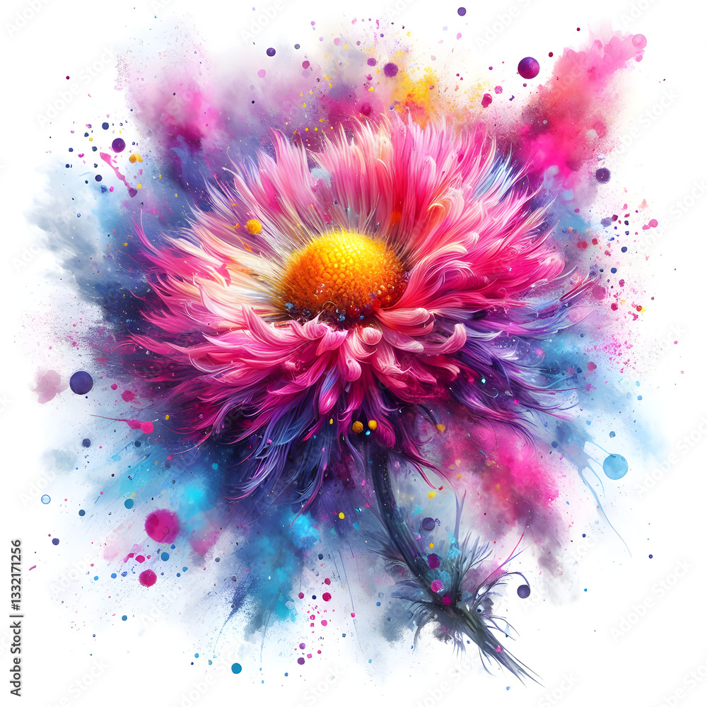 Obraz premium Colorful flower exploding with colorful powder and paint splatters