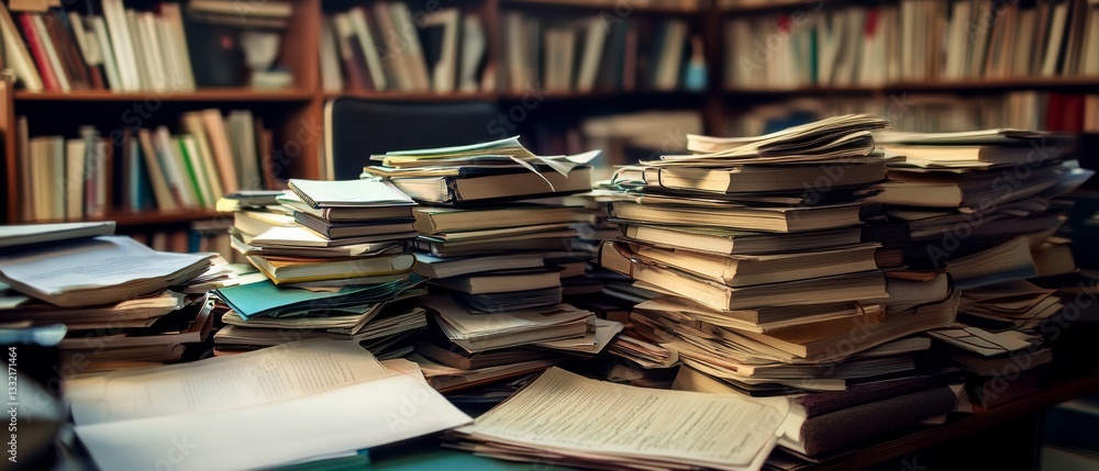 A chaotic accumulation of books and papers dominates a study, portraying the messiness and dedication of a fervent scholar deeply immersed in research. A chaotic accumulation of books and papers dominates a study, portraying the messiness and dedication of a fervent scholar deeply immersed in research.