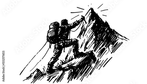 mountain climber on peak black hand-drawn sketch