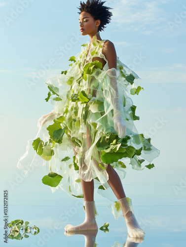 A model walks gracefully in a creative outfit designed with lettuce leaves, reflecting innovation and sustainability in fashion