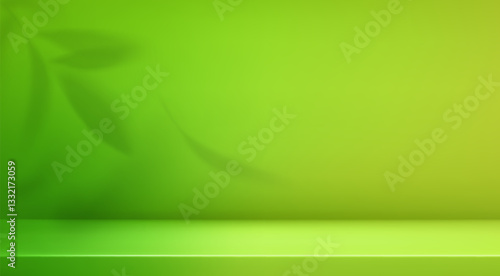 3d abstract spring green studio room background. Green yellow gradient limbo backdrop. Leaves shadow on wall and floor. Product minimal interior mockup. Scene product presentation. Vector illustration