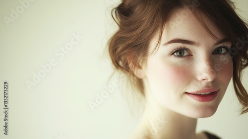 Wallpaper Mural Young woman smiling warmly, casual style, soft light, white background. Radiant simplicity and genuine joy.
 Torontodigital.ca