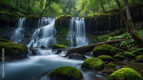 A cascading waterfall surrounded by moss-covered rocks
